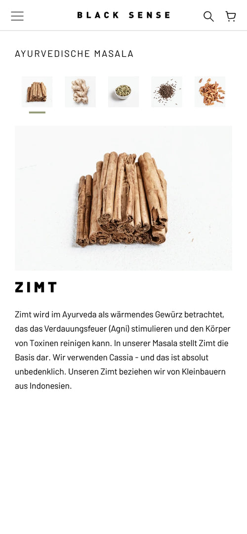 Zimtstangen auf weißem Hintergrund. Text erklärt die Verwendung von Zimt in Ayurveda.