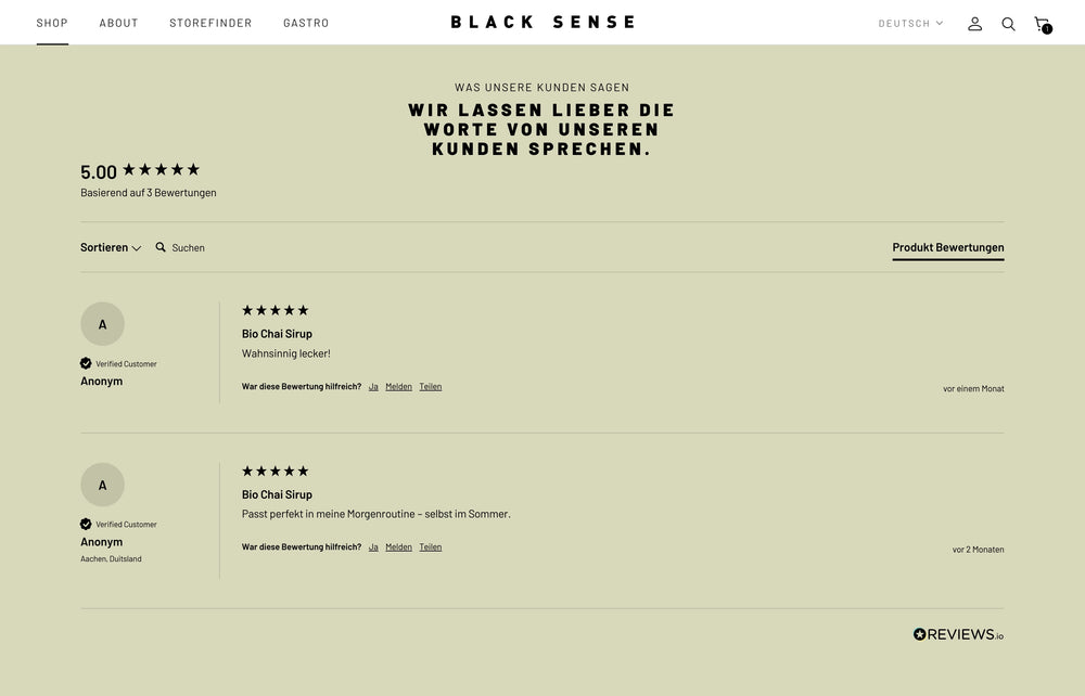 Seite mit Kundenbewertungen und 5-Sterne-Bewertung für Bio Chai Sirup.