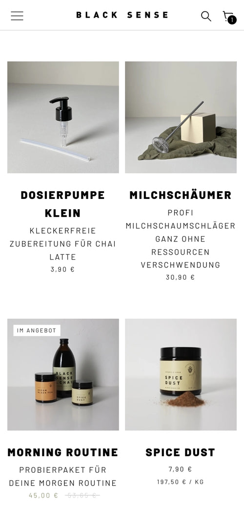Produkte: Dosierpumpe, Milchschäumer, Morning Routine Set, Spice Dust.