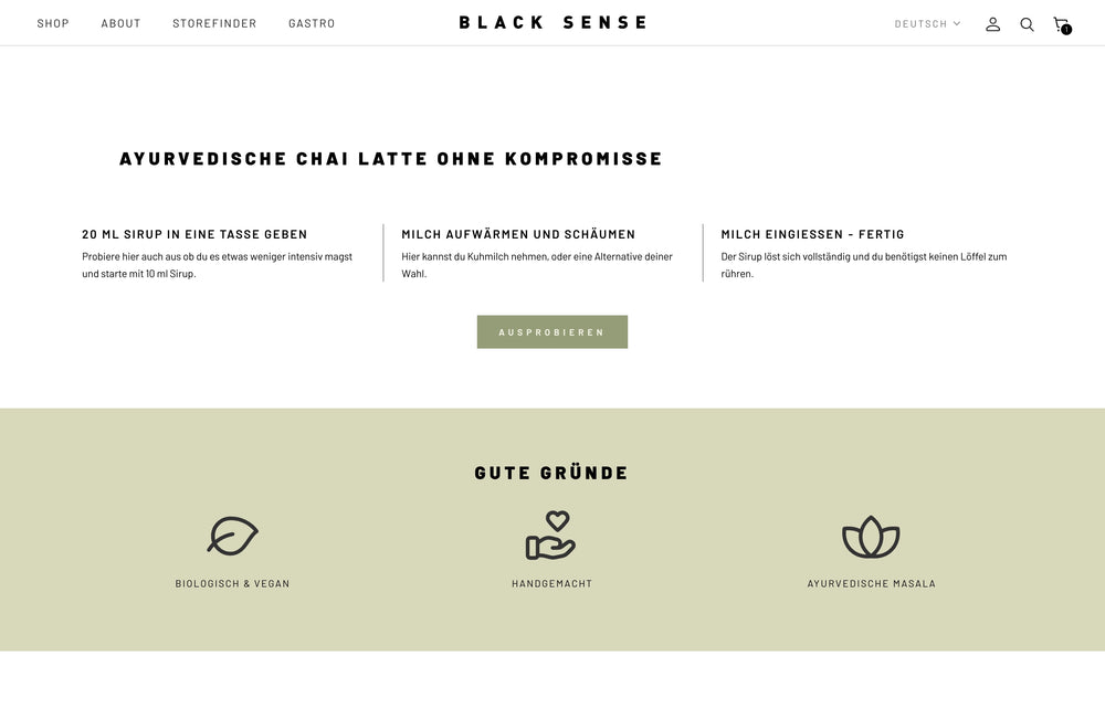 Text über ayurvedischen Chai Latte ohne Kompromisse mit Icons für Vorteile.