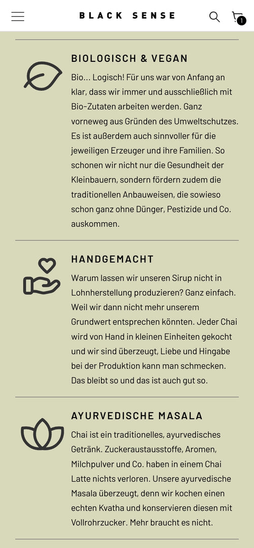 Beige Hintergrund mit Text über biologische, handgemachte und ayurvedische Masala Produkte.