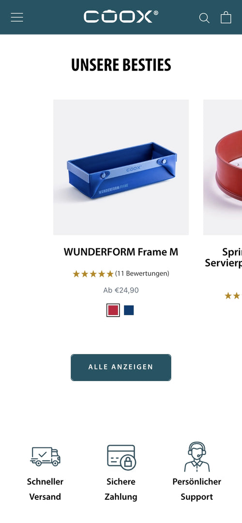 Blaue Backform mit Preis und Bewertungen, Text: UNSERE BESTIES.