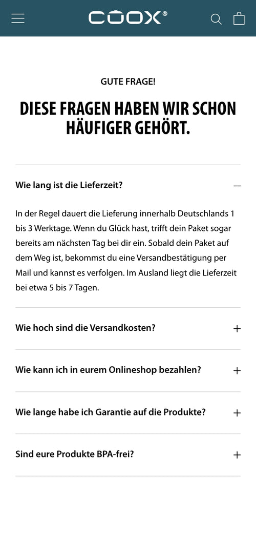 Text: Diese Fragen haben wir schon häufiger gehört. Wie lang ist die Lieferzeit? 1 bis 3 Werktage.