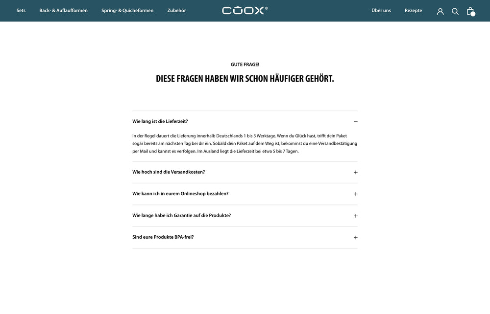 Text auf weißem Hintergrund mit häufig gestellten Fragen zu Versand und Garantie.