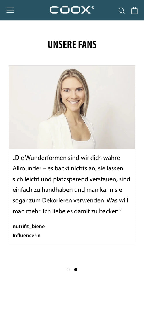 Lächelnde Frau im weißen Blazer. Text: Die Wunderformen sind wirklich wahre Allrounder.