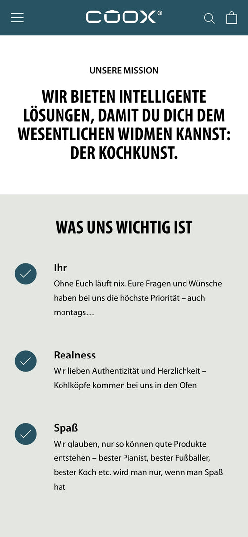 Mission Statement: Intelligente Lösungen für Kochkunst, gefolgt von wichtigen Prinzipien.