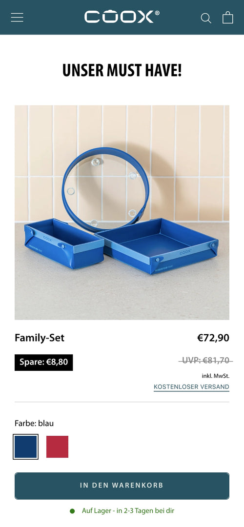 Blaues Family-Set mit Preis und Text: UNSER MUST HAVE!