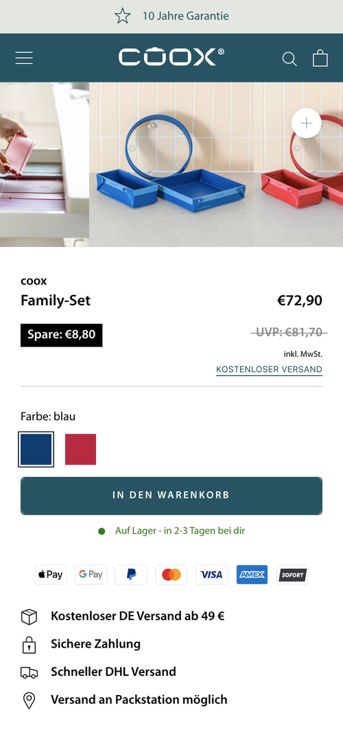 Blaues Family-Set im Warenkorb, Preis €72,90, verschiedene Zahlungsoptionen.