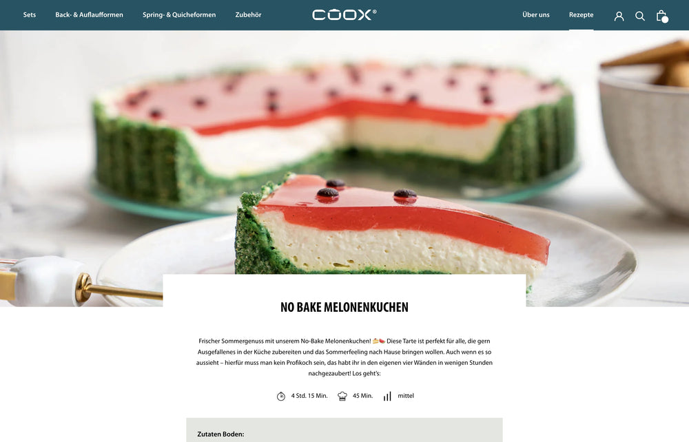 Kuchen mit grüner und roter Schicht; Titel 'No Bake Melonenkuchen' darüber.