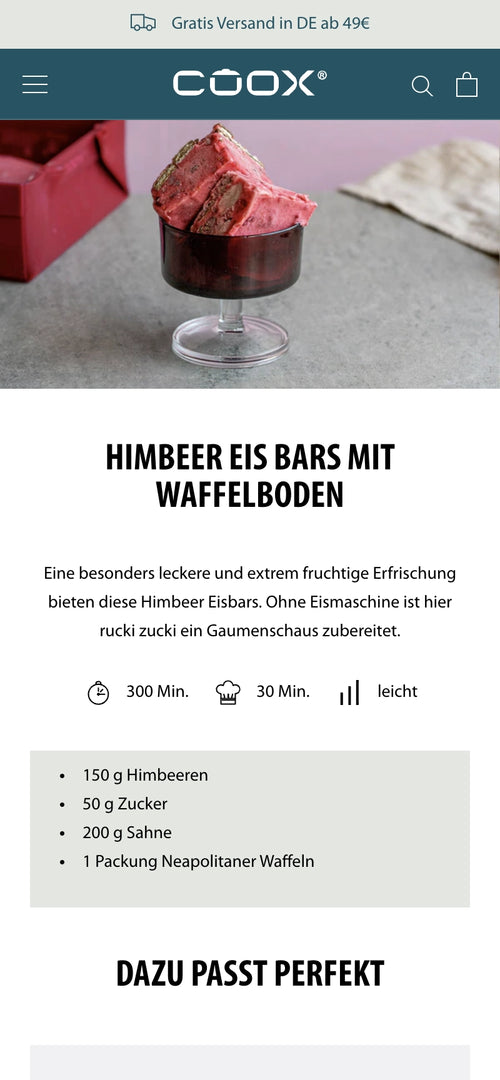 Rezept für Himbeer Eis Bars mit Waffelboden. Zutaten: Himbeeren, Zucker, Sahne, Neapolitaner Waffeln.