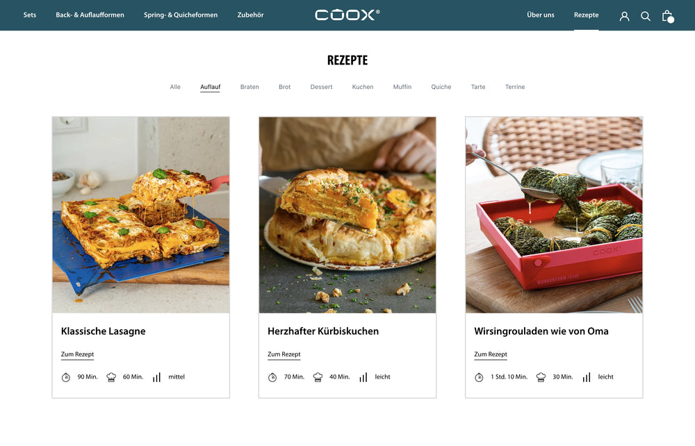 Drei Rezepte: Lasagne, Kürbiskuchen, Wirsingrouladen auf einer Webseite.