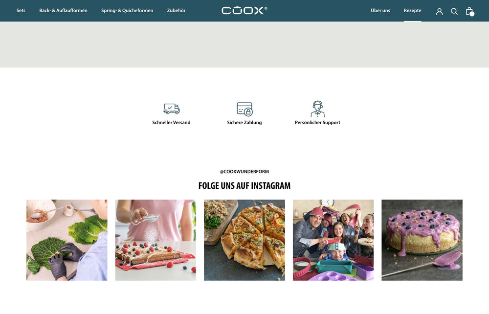 Folge uns auf Instagram; Bilder von Kuchen und Menschen beim Backen und Servieren.