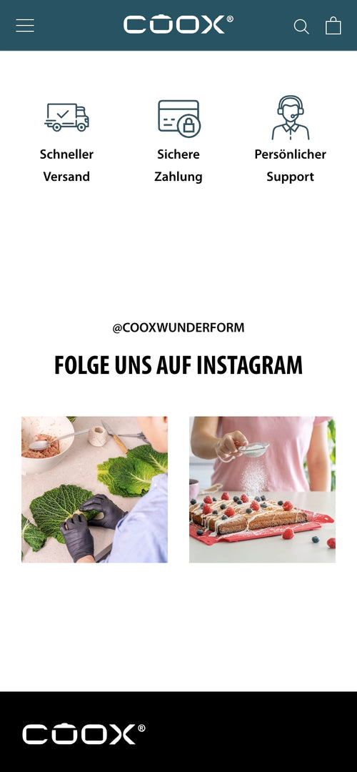 Text: Folge uns auf Instagram. Zwei Fotos: hands-on Kitchen work und Kuchen Garnieren.
