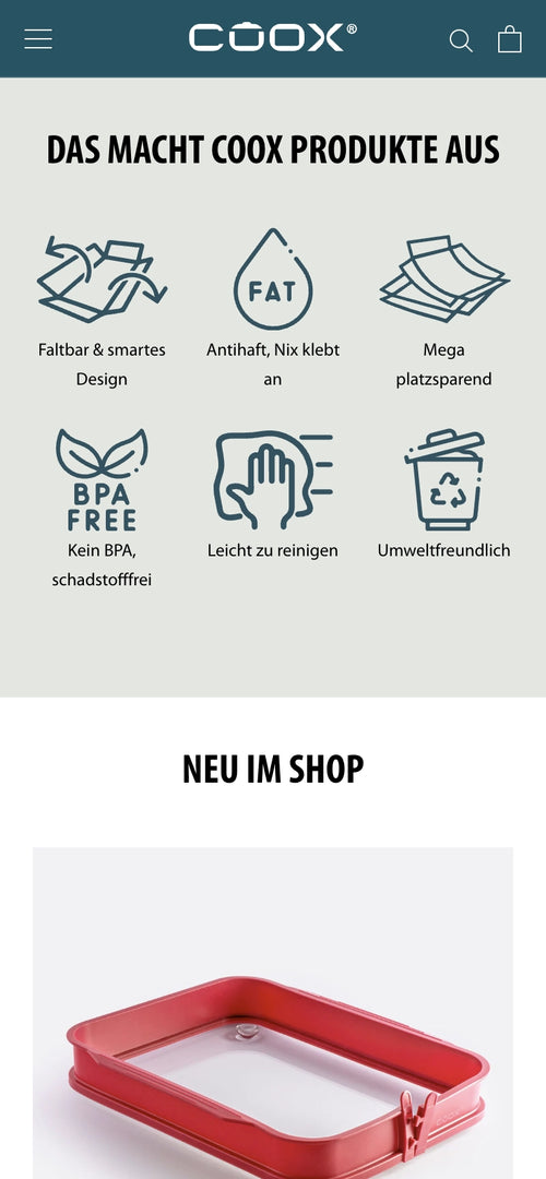 Sechs Grafiken mit Text: faltbar, antihaft, platzsparend, BPA-frei, leicht sauber, umweltfreundlich.