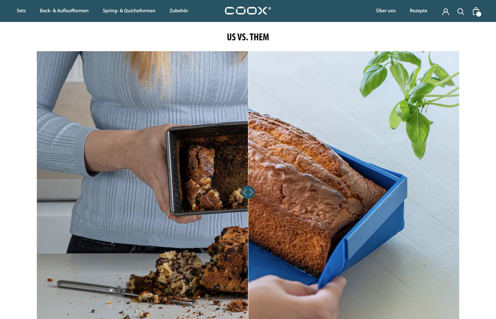 Zwei Hälften eines Kuchens in unterschiedlichen Backformen, Text: US VS. THEM.