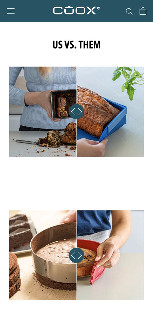 Zwei Bilder im Vergleich mit Text 'US VS. THEM', Kuchen in verschiedenen Formen.