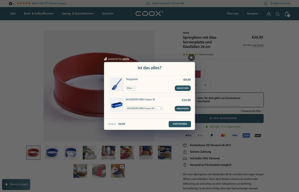 Popup mit Einkaufsliste und Preisen zu drei Artikeln, darunter ein roter Tortenring.