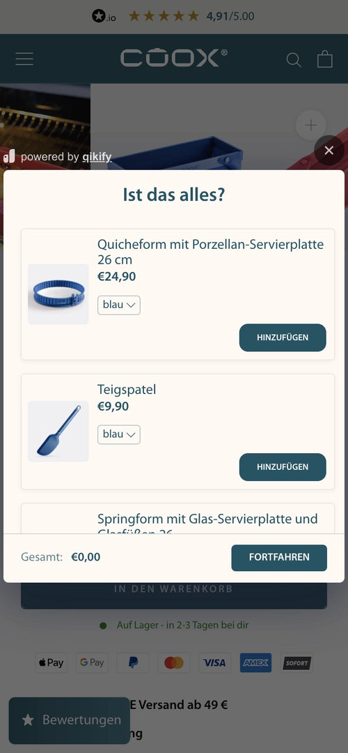 Produktübersicht mit Quicheform, Teigspatel und Springform, Preise ab €0,00.