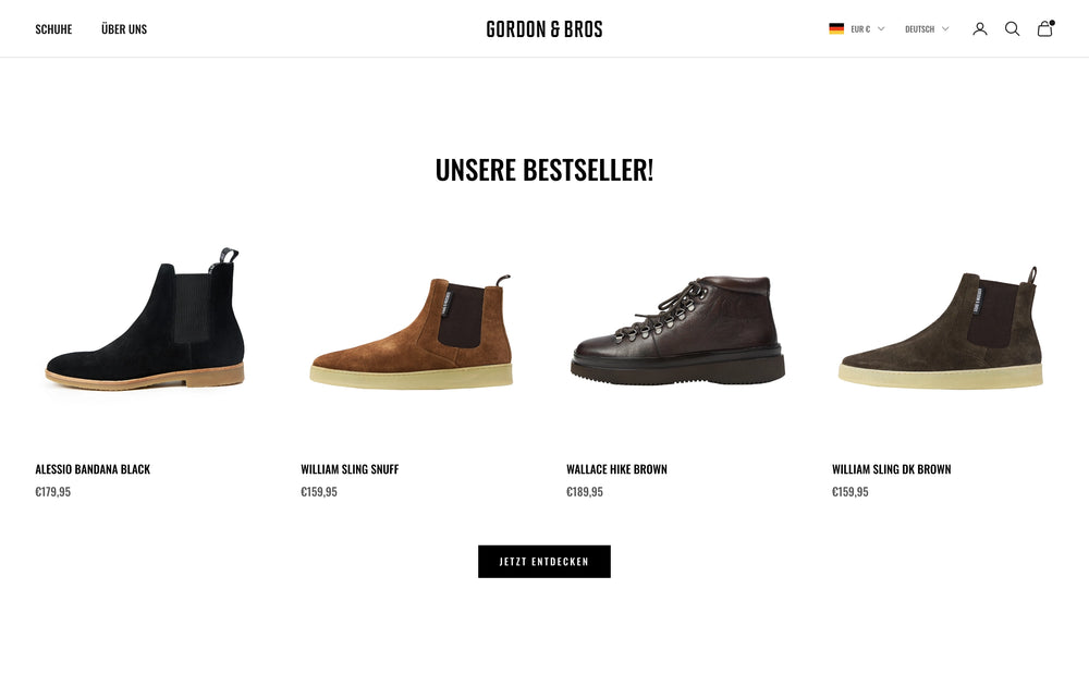 Vier Stiefel in einer Reihe, Titel 'UNSERE BESTSELLER!', Preise sichtbar.