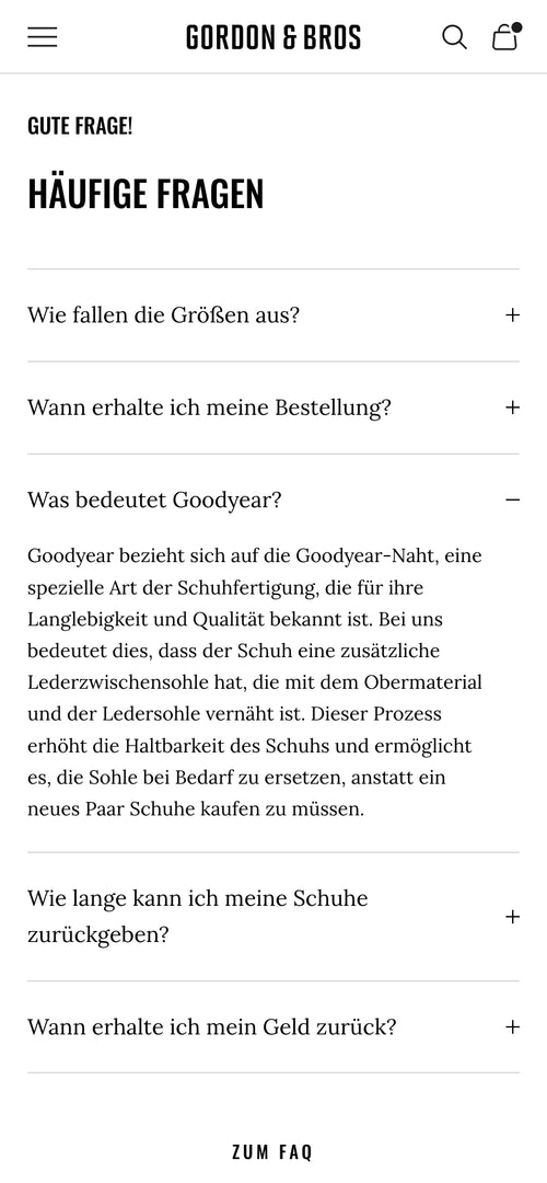 Häufige Fragen zu Größen, Bestellungen, Goodyear-Nähte und Rückgaberecht mit Antworten.