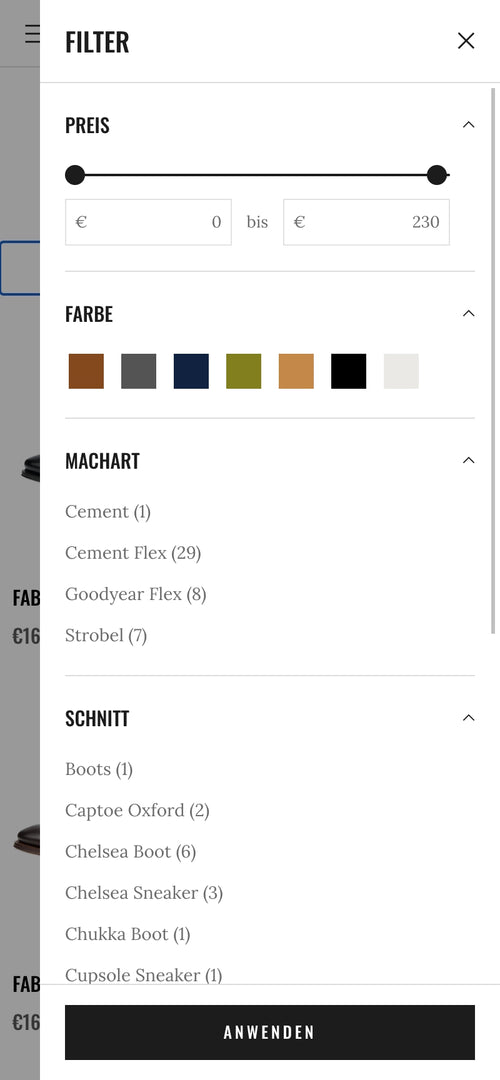 Filtermenü mit Preisbereich 0 bis 230 Euro, Farb- und Machartoptionen, anwenden-Button.
