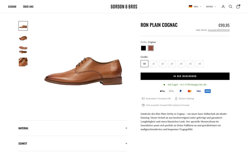 Cognacfarbener Schuh in Produktansicht, Preis 99,95 €, mit Größenoptionen.