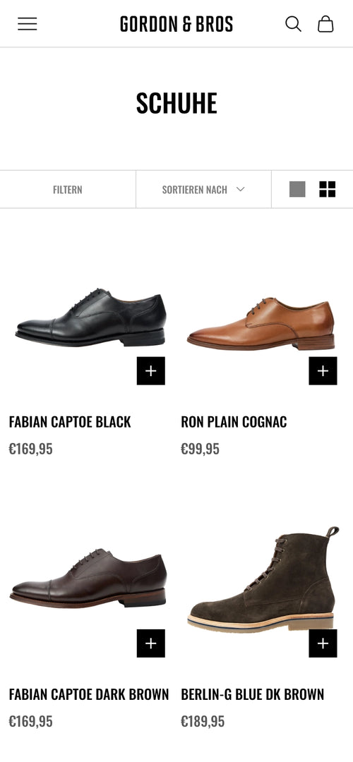 Schuhe: Fabian Black, Ron Cognac, Fabian Dark Brown und Berlin-G Blue mit entsprechenden Preisen.