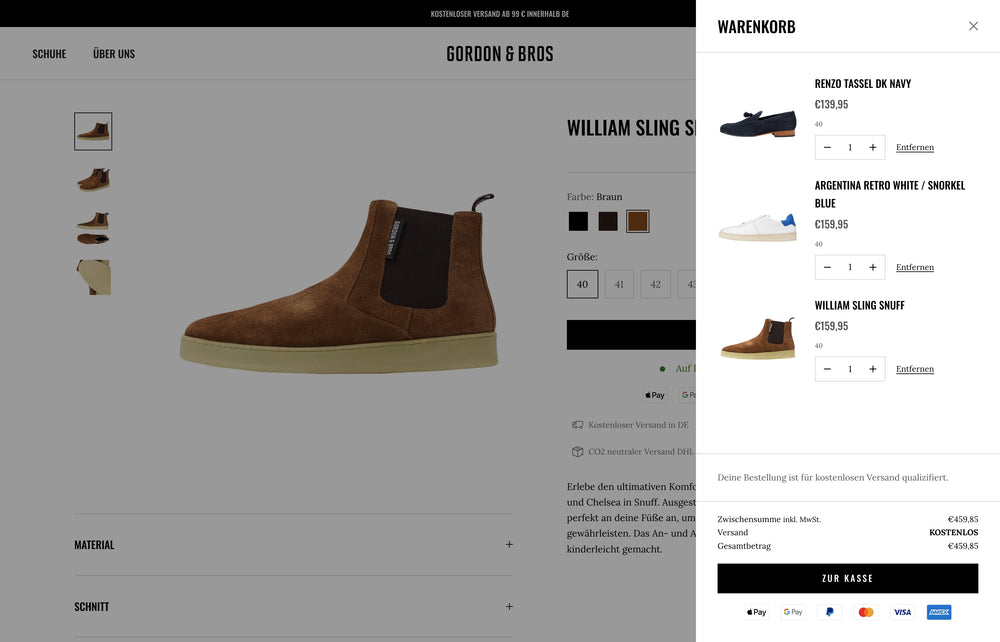 Ansicht eines braunen Chelsea Boots in Warenkorb-Darstellung, drei Artikel gelistet.