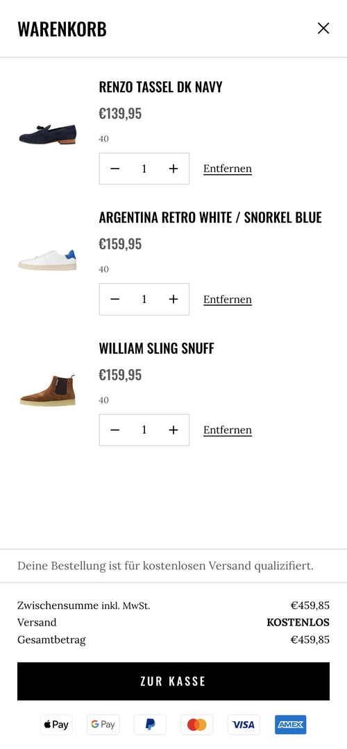 Warenkorb mit drei Schuhen. Gesamtbetrag 459,85 €. Kostenloser Versand, Zur Kasse Button unten.