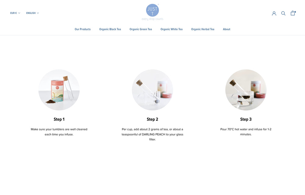 Drei Schritte zur Zubereitung von Tee mit Bildern und Anweisungen.