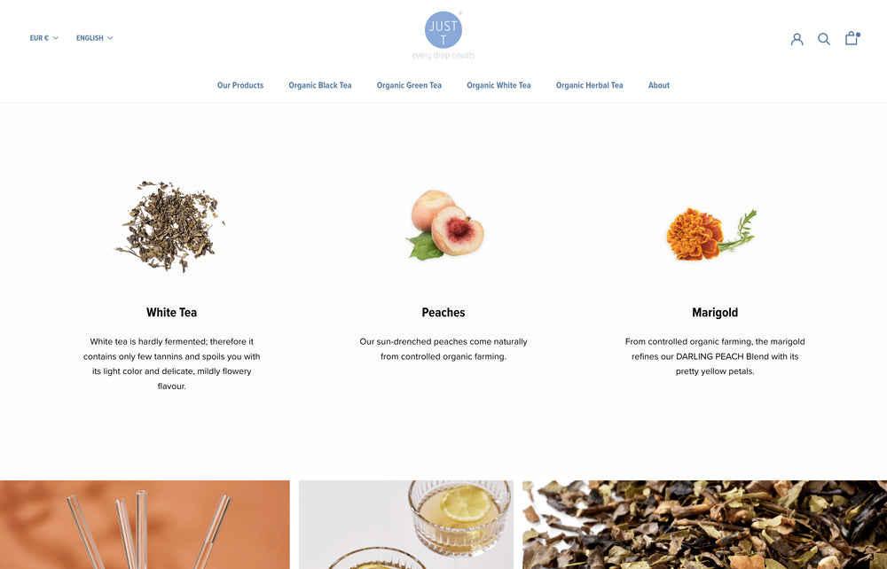 Weiße Teeblätter, Pfirsiche und Ringelblumen mit Beschreibungen.