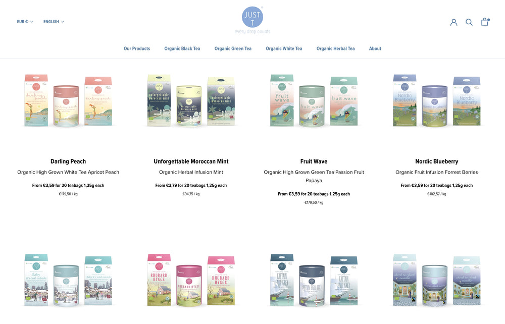 Produktübersicht von Teesorten mit Preisen und Beschreibungen.