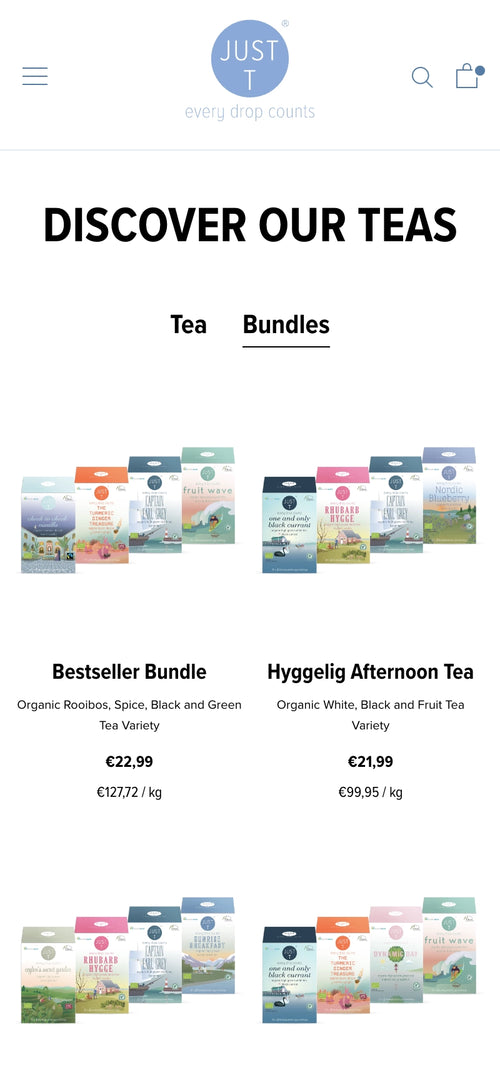 Text: DISCOVER OUR TEAS. Darunter zwei Teebündel: Bestseller Bundle und Hyggelig Afternoon Tea mit Preisen.