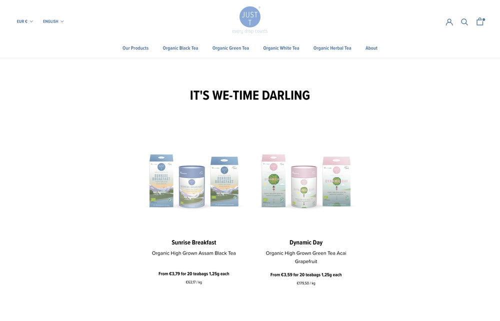 Text zeigt 'IT'S WE-TIME DARLING' über Teepackungen 'Sunrise Breakfast' und 'Dynamic Day.'