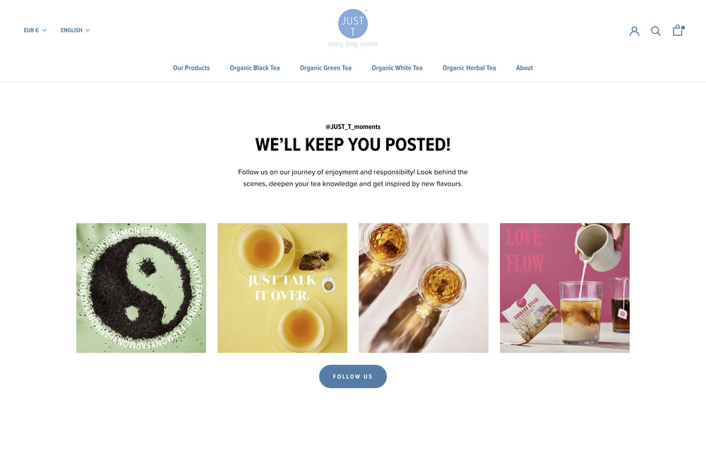 Bildergalerie mit Tee, Getränken und Text "WE'LL KEEP YOU POSTED!"