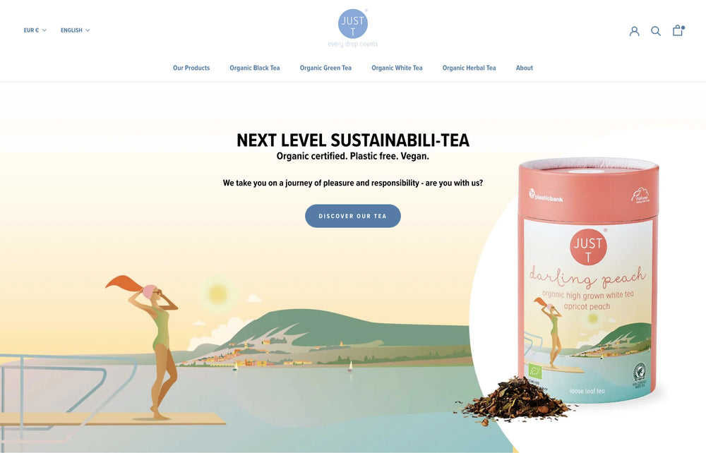 Illustration Person am Pool, Text "NEXT LEVEL SUSTAINABILI-TEA".