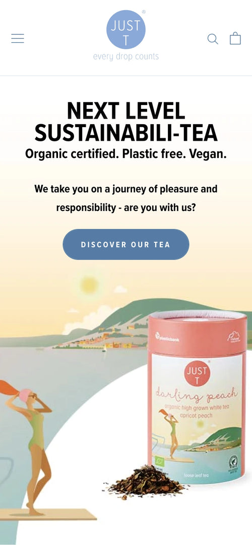 Text: NEXT LEVEL SUSTAINABILI-TEA. Darunter: Dose Teemischung mit Pfirsich und losem Tee.