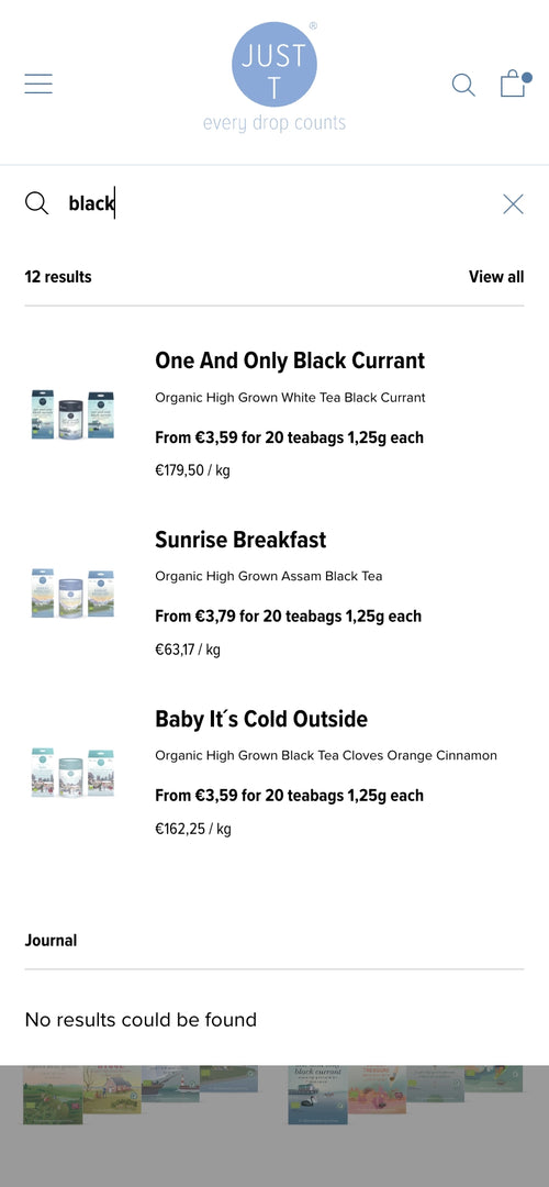 Suchergebnisse für 'black' mit drei Teeoptionen und Preisen.
