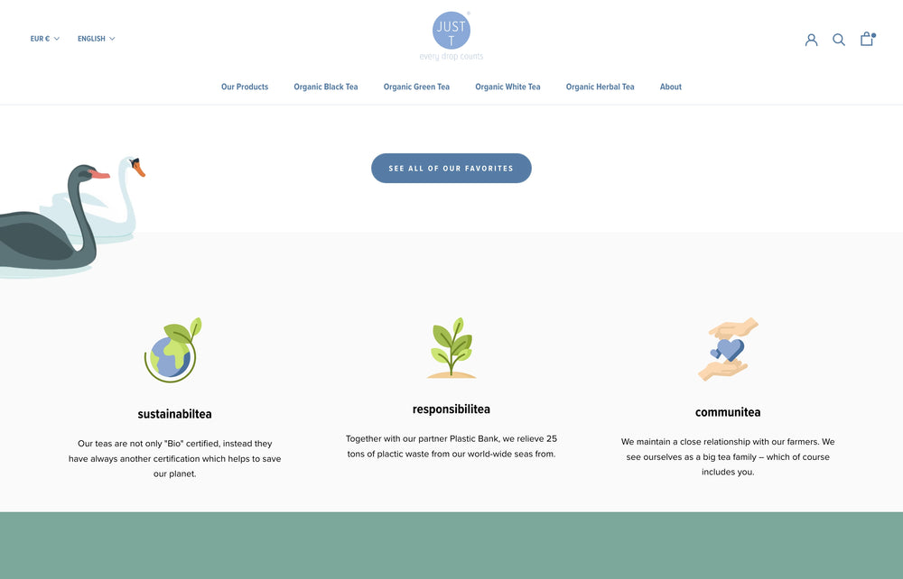 Webseite zeigt Nachhaltigkeitskonzepte mit Symbolen für Umweltverantwortung.