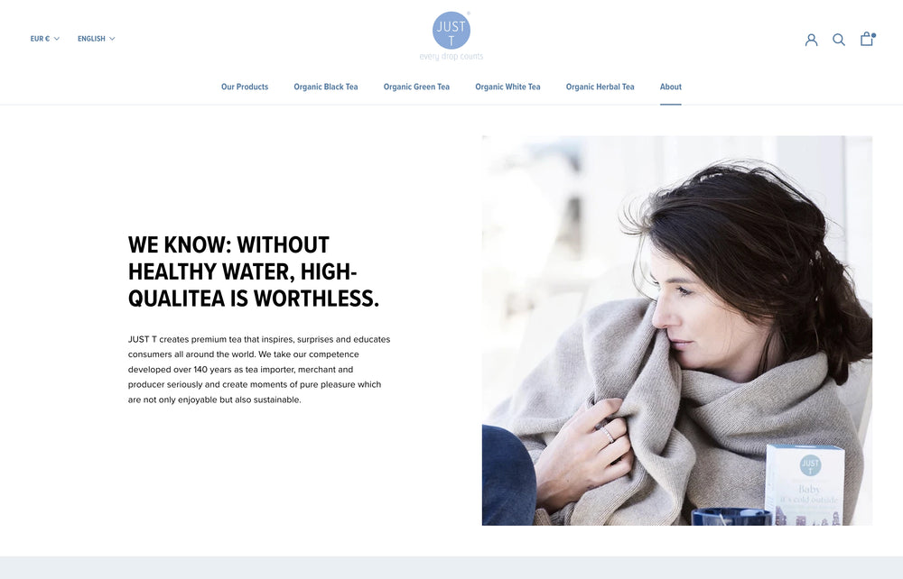 Person mit Tasse und Decke, Text: "WITHOUT HEALTHY WATER, HIGH-QUALITEA IS WORTHLESS."