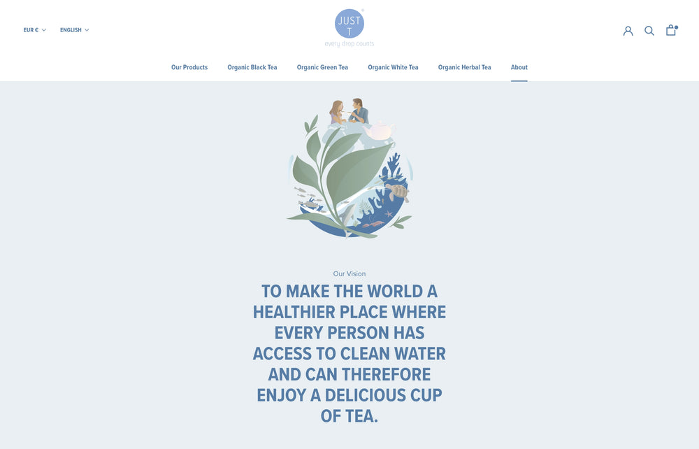 Illustration mit Pflanzen, Text: "TO MAKE THE WORLD A HEALTHIER PLACE WITH CLEAN WATER."