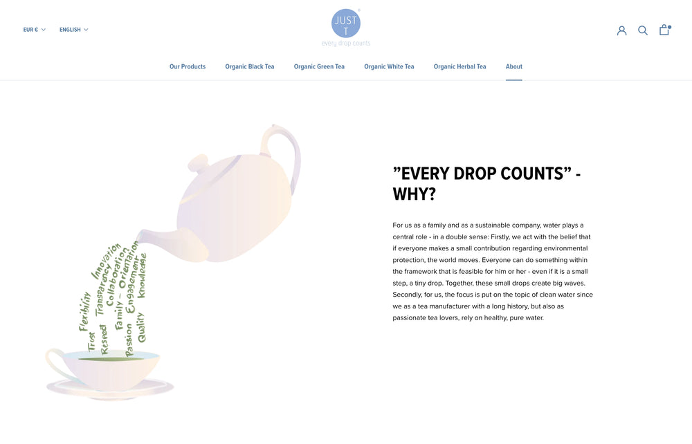 Wasserkocher gießt Worte wie 'Freundschaft' und 'Qualität' in eine Tasse.