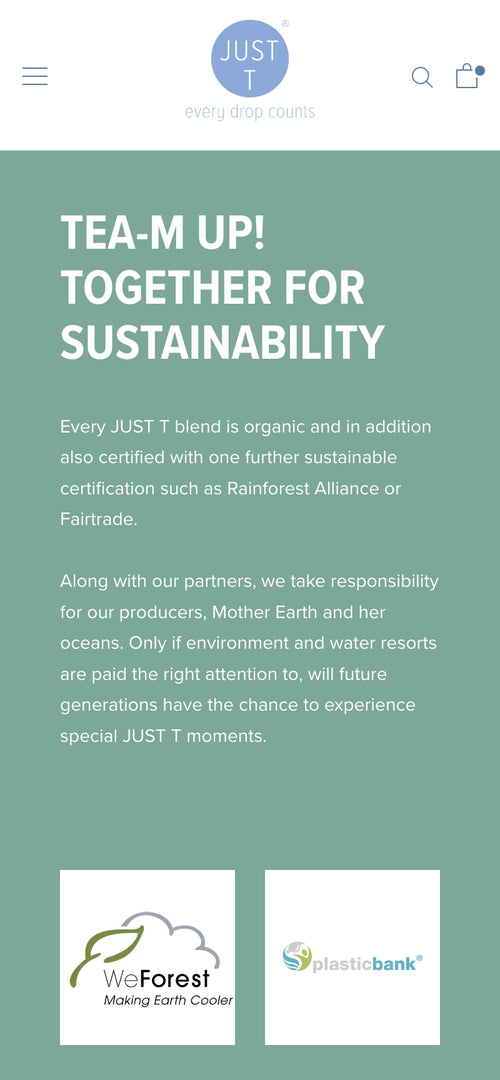 Text über Nachhaltigkeit mit Logos von WeForest und Plastic Bank.