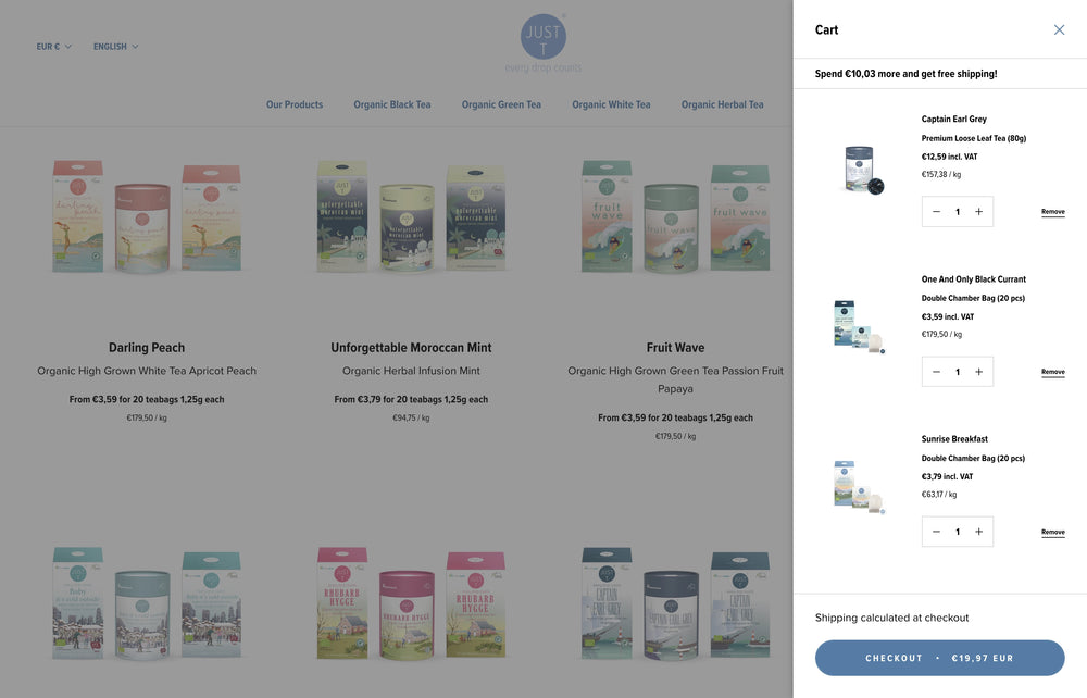 Warenkorbseite für Tees mit Preis und Versandkosten.