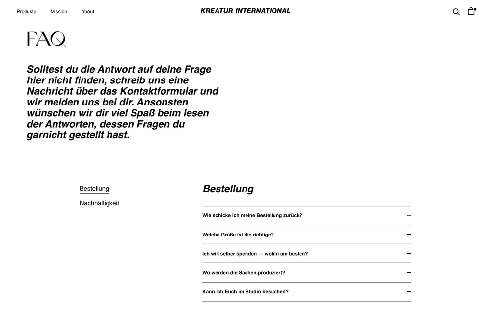 FAQ-Seite mit Fragen zu Bestellungen und Nachhaltigkeit.