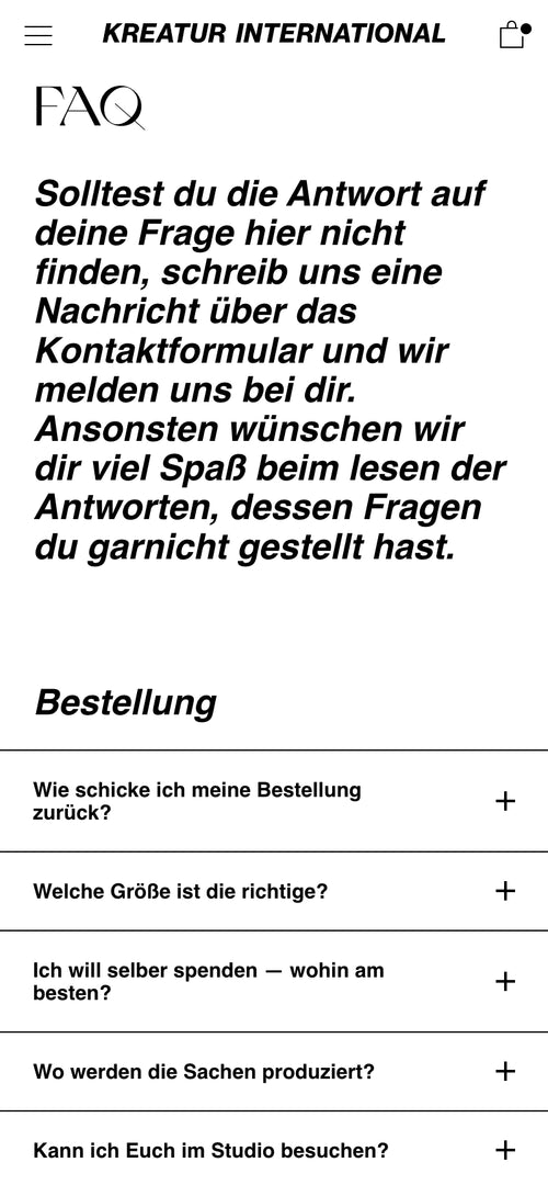 Text mit FAQ über Bestellungen und Kontaktinformationen. Fragen in schwarzen Kästen darunter.