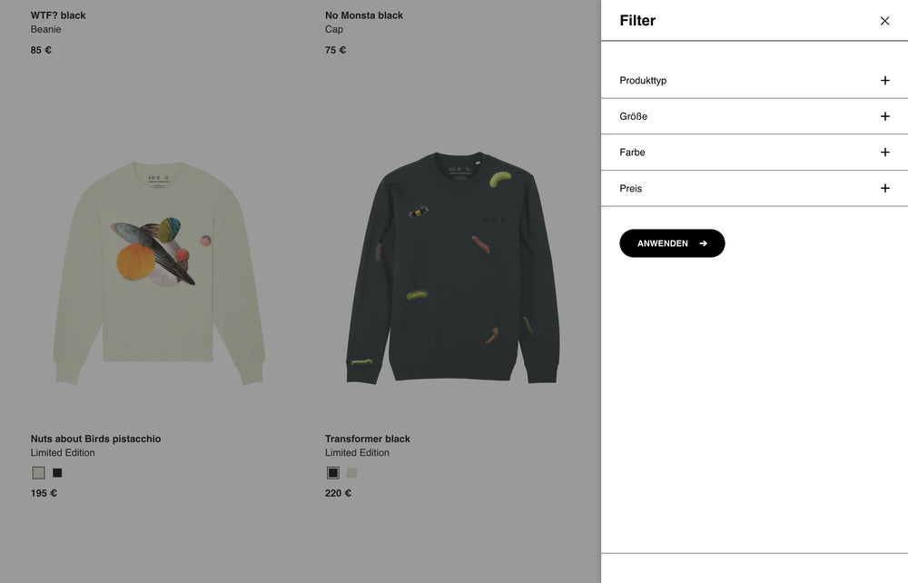 Zwei Pullover in verschiedenen Designs und ein Filtermenü rechts.