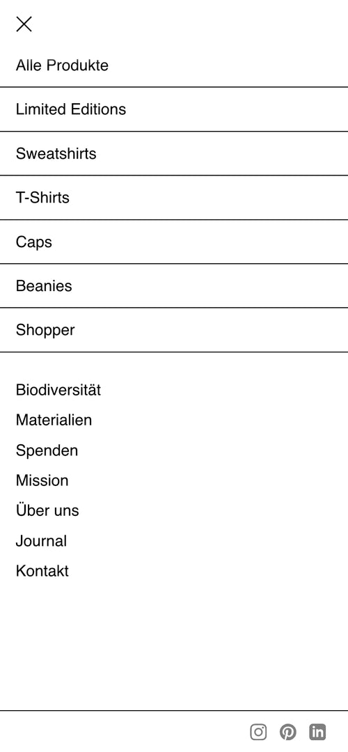 Menüliste mit Kategorien wie Limited Editions, T-Shirts, Biodiversität.