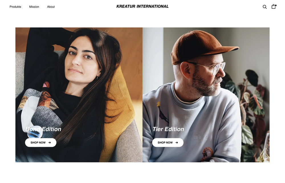 Frau lehnt auf Sofa, Mann mit Mütze schaut zur Seite; Text: Bone Edition, Tier Edition.