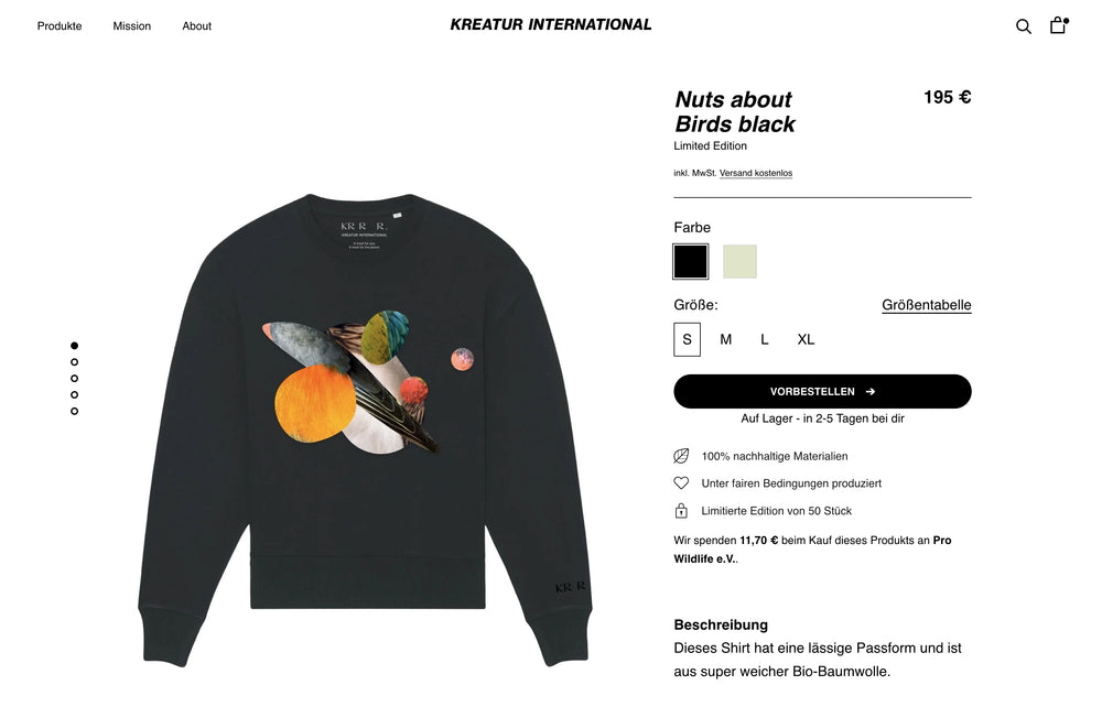 Schwarzer Pullover mit buntem Vogelmotiv und Produktdetails.